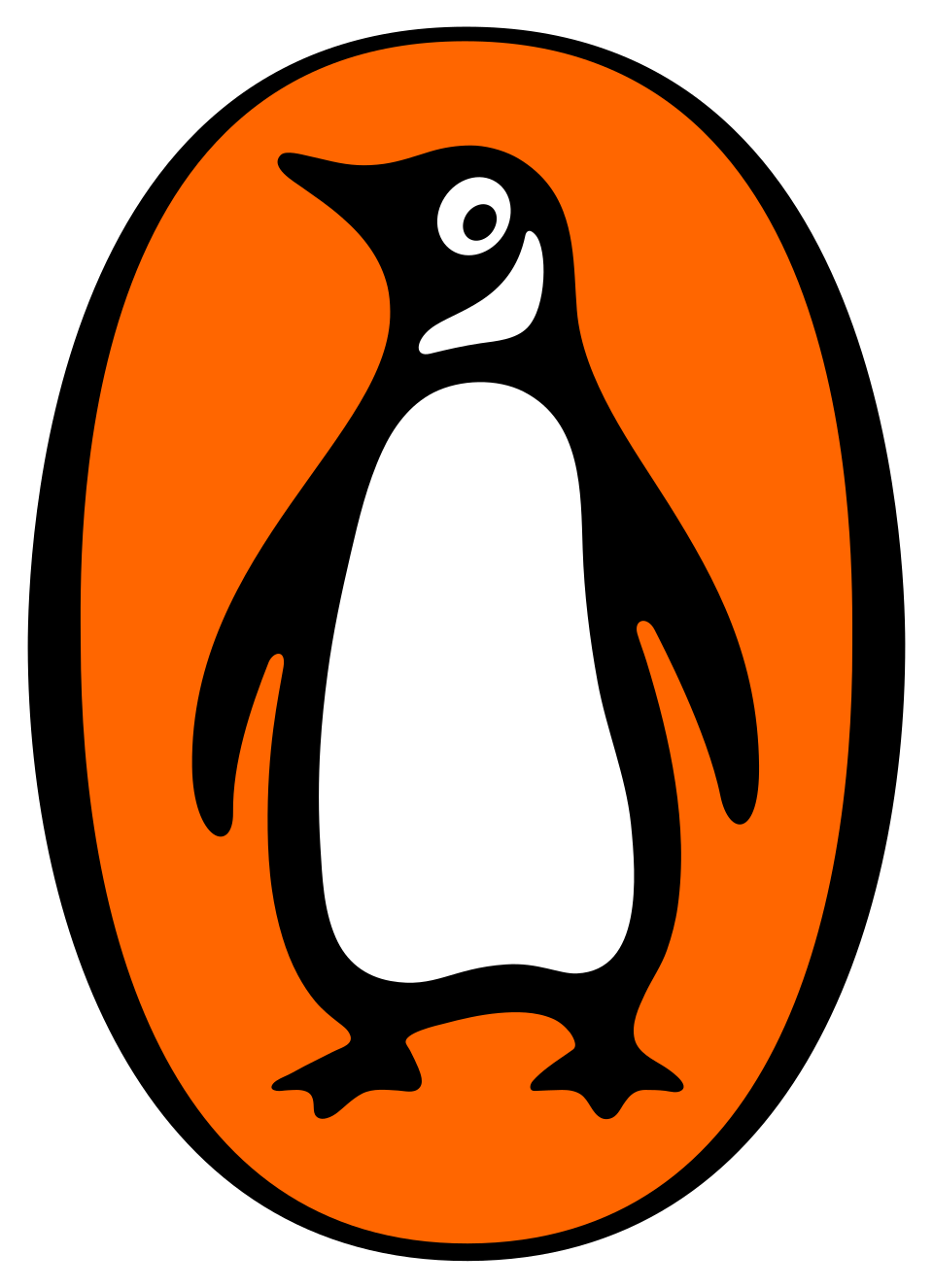 Penguin logo - a penguin black and white inside an orange oval