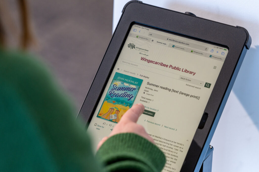 A woman using an iPad catalogue.
