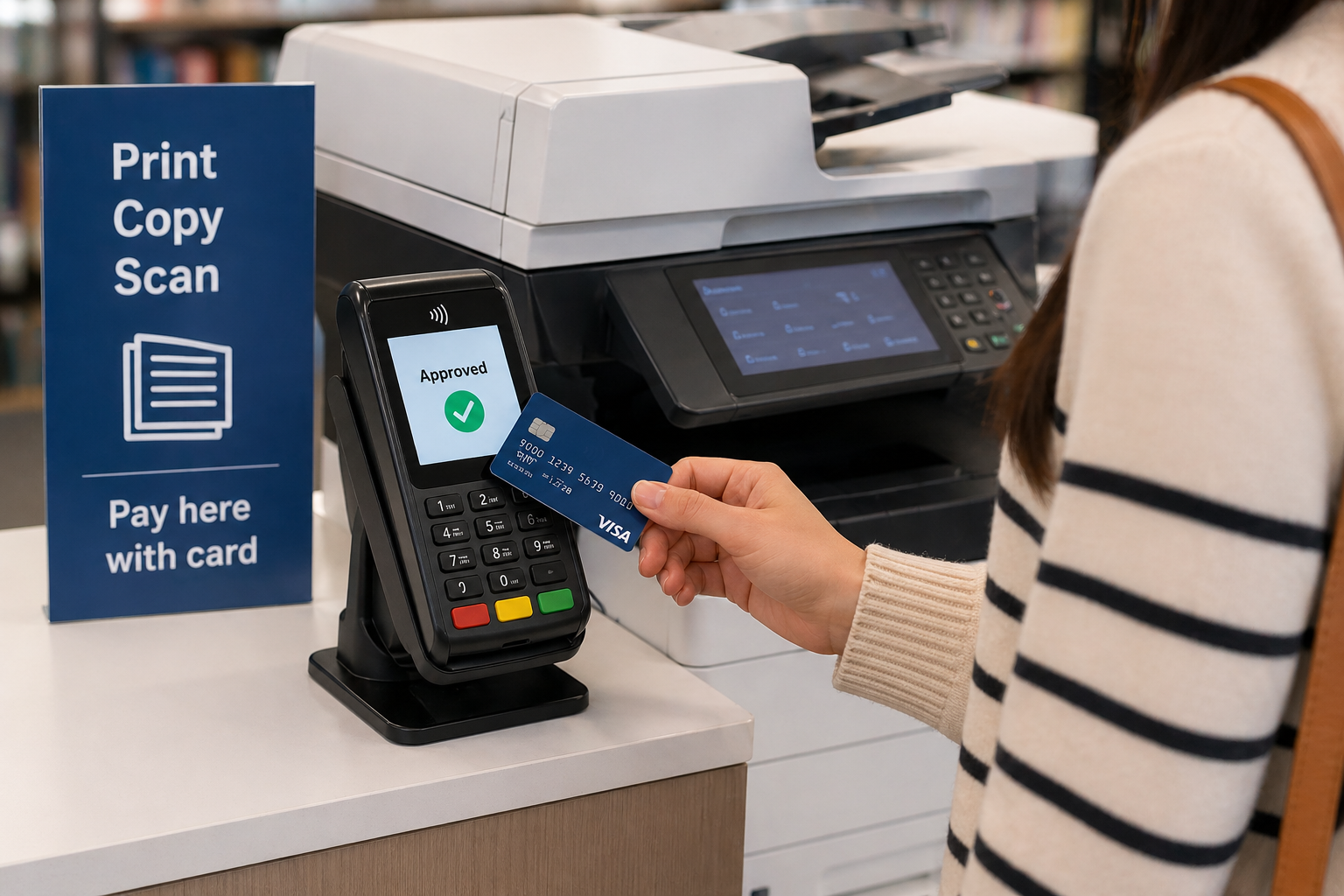 A woman using her debit card to pay for printing