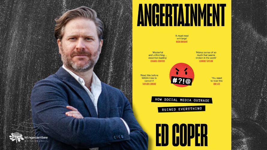 Ed Coper and his book 'Angertainment' on a black background.