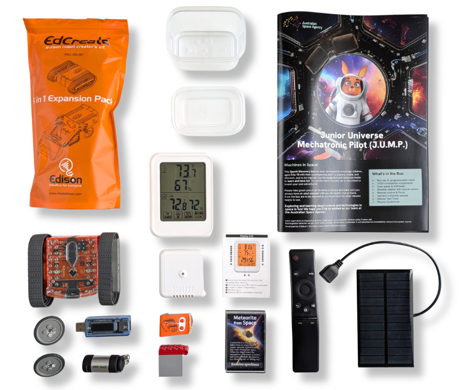 J.U.M.P. kit contents laid out on a white table.