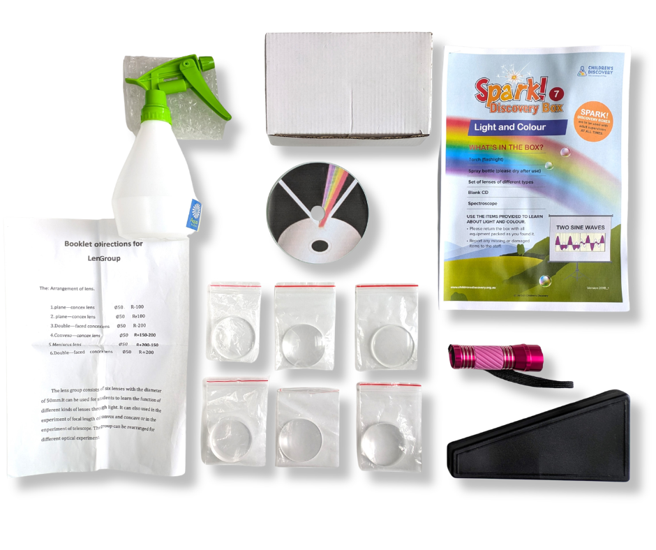 Light and Colour kit contents laid out on a white table.