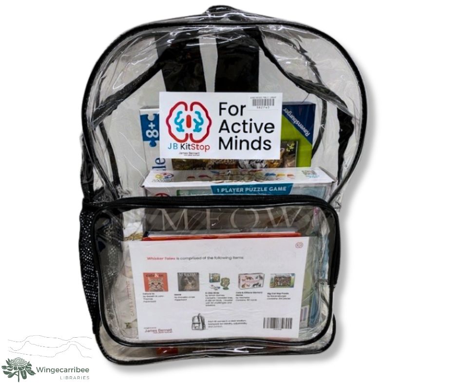 Whisker Tales Active Mind Kit in a clear plastic backpack.