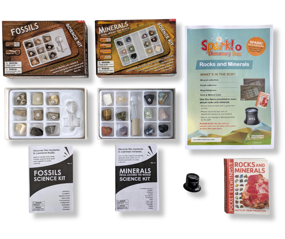 Rocks and Minerals kit contents laid out on a white table.